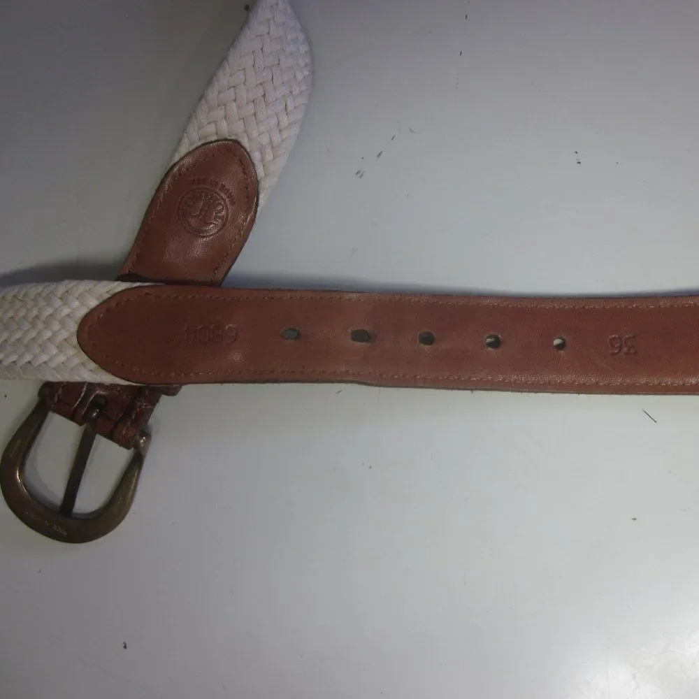 Torino Mens Size 36 Woven Cream Cotton Belt with Leather Accents & Brass Buckle